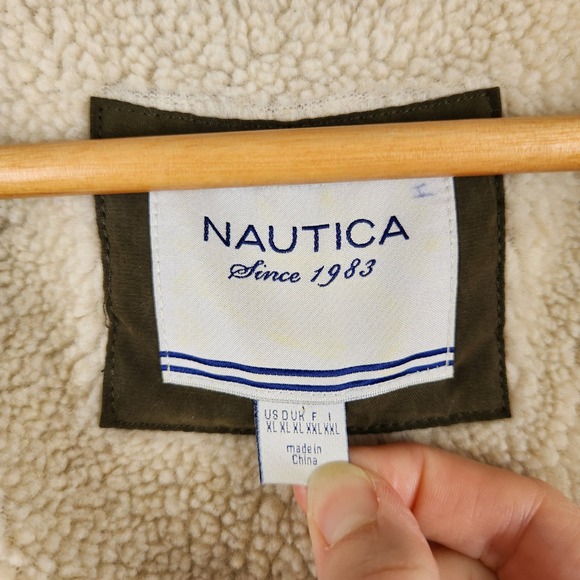 Nautica Jacket Womens Quilted Barn Green Faux Shearling Lined Elbow Patch XL - Picture 6 of 13